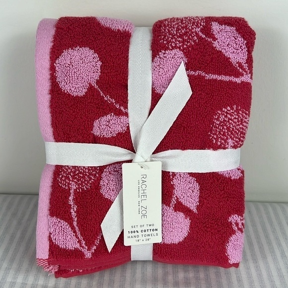 Rachel Zoe Red & Pink Cherry Hand Towels Set of 2 100% Cotton NEW - Picture 1 of 9